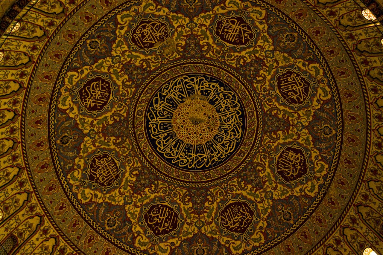Stunning ceiling art in Selimiye Mosque, Edirne, showcasing Islamic calligraphy and decoration.